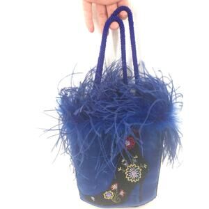 Ermo Beaded blue Heels Shoe Ostrich Feather Totes Bucket Bag Blue Snap Button